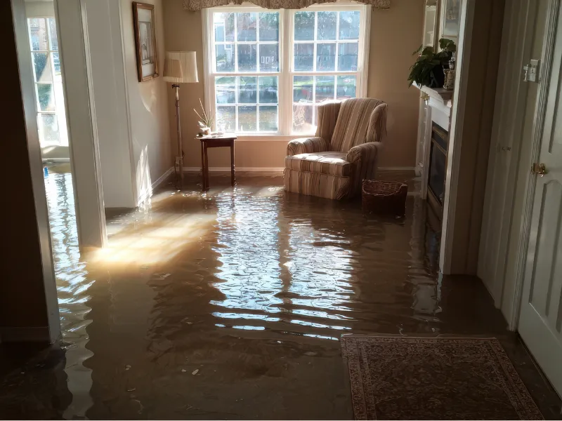 Living room with water flooding the floor, sunlight coming through a window, and a striped armchair near a small table. flood damage cleanup