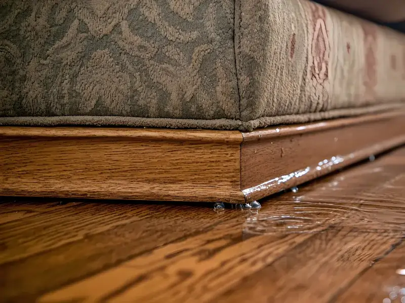 Water droplets pooling under a wooden couch base on a hardwood floor. contents cleaning and restoration