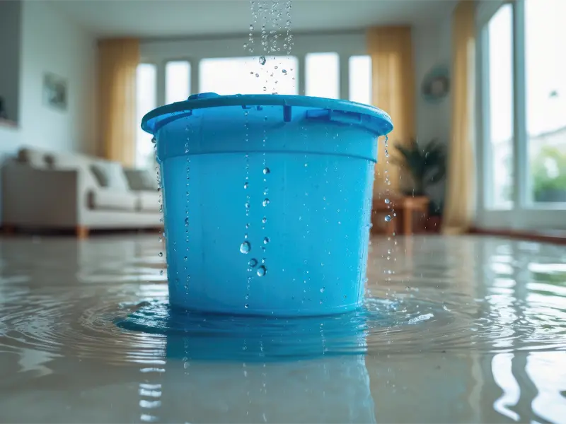 Blue bucket catching water leaking onto a flooded living room floor. water removal services